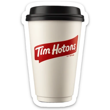 “Red Tim Hortons coffee cup with large white ‘Tim Hortons’ logo in script, black plastic lid, and a simple, clean design.” sticker