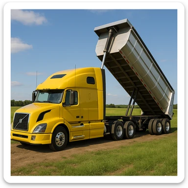 ultra-realistic Volvo yellow semi sleeper truck and silver end dump trailer, trailer tilted up as if dumping, daytime scene in a photorealistic countryside with grassy fields and blue sky, truck facing to the left sticker