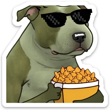 American bulldog white with sunglasses and a left brown spot on eye holding food sticker