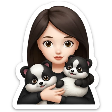 an brunette hair girl holding her pomeranian dog that looks like a panda sticker