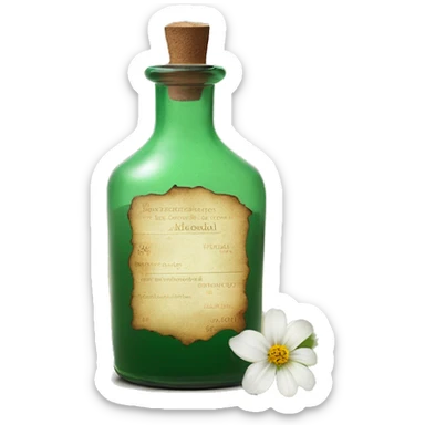Mysterious Alchemical vintage glass potion bottle, exquisite bottle shape, old and shabby, with label, stylish and minimalistic, brown and shabby-green, oil potion is poured out of the bottle, herbal, flowers and oil is spilled next to it sticker