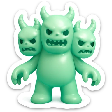 terrifying monster with multiple heads, twisted horns, clawed hands, eerie green glow, vinyl figure style sticker