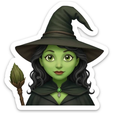 elphaba the wicked witch from wicked movie (cynthia erivo) dark long curly hair, thick lips, wide nose, green skins, witch hat, witch broom, evil, wicked musical film, smirk sticker