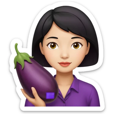 Vietnamese lady with short hair holding eggplant sticker