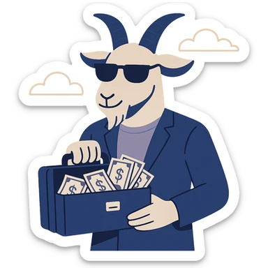 goat with sunglasses holding a briefcase full of cash, flat modern style, Middle Eastern wealth theme sticker
