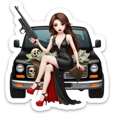 Lilith symbol red eye seductress evil long brown haired sexy succubus woman with leather long dress with slit on, sitting in Big Large F350 pickup truck. Platform long high heels on feet. Back seat full of stacks of cash, she is  Holding a man dead human skull of her enemies and a gun in other hand sticker