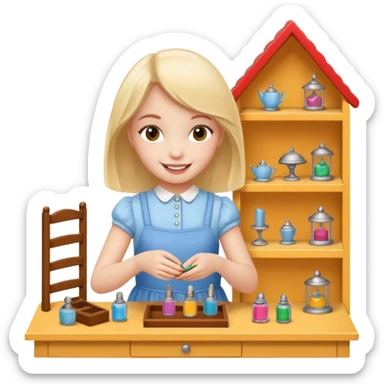 smiling girl arranging furniture in doll house sticker