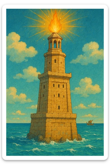 A three-tiered ancient tower named Pharos with a squared base, octagonal middle, and cylindrical top. The tower has a stone texture with slight cracks and wear. Each level features small windows or arches. At the top, there is a glowing fire or torch with gold/yellow and orange rays, and tiny sparkles (✨) for a shining effect. The base of the tower is surrounded by blue waves lapping at it, and a tiny Greek/Roman ship (⛵) can be seen in the distance. The color palette consists of sandstone (beige/tan) for the tower, turquoise/blue for the sea, and warm gold for the fire. The style should be vibrant and detailed, capturing the essence of an ancient beacon by the sea with additional elements. sticker