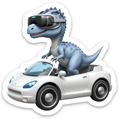 Dinosaurio  gris subido en un carro blanco tecnológico con lentes de realidad virtual sticker