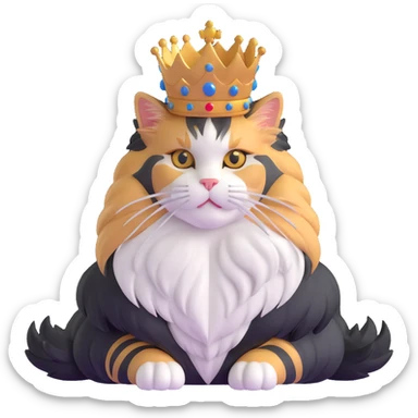 majestic calico maine coon cat with fluffy mane wearing a royal crown sticker
