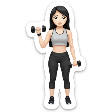Long black hair girl with gym aesthetic, leggings with fitted shirt, with water bottle and dumble  sticker