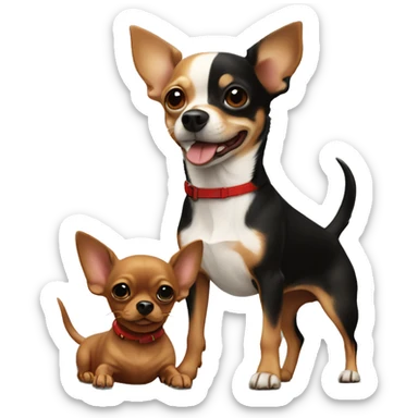 Brown Chihuahua standing on red dachshund standing on black lab sticker