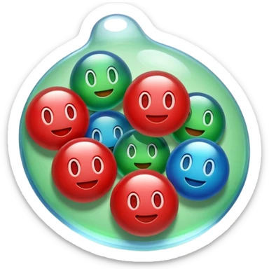 Cute 3D cartoon emoji style sticker of a 3 glass and ball game, glossy plastic texture, soft lighting, smooth shadows, playful expression, high detail, white outline sticker, transparent background (glass color green, red, & blue) sticker