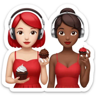 4–5 women at a listening party with a red and silver dress code. One holds a dark chocolate cupcake. Two wear over-ear headphones like AirPods Max. Indoor event lighting, modern and metallic vibe. sticker