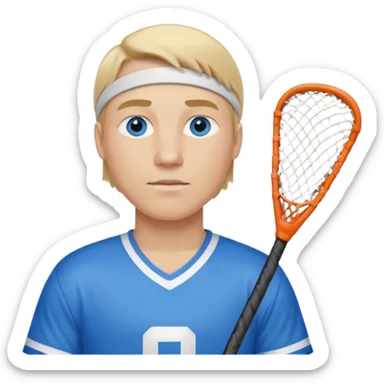 Blonde white with blue eyes lacrosse guy holding one lacrosse stick wearing blue and white gear  sticker
