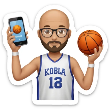 a bald bearded engineer with glasses wearing a kobe jersey with a phone in 1 hand and spinning a ball on the other sticker