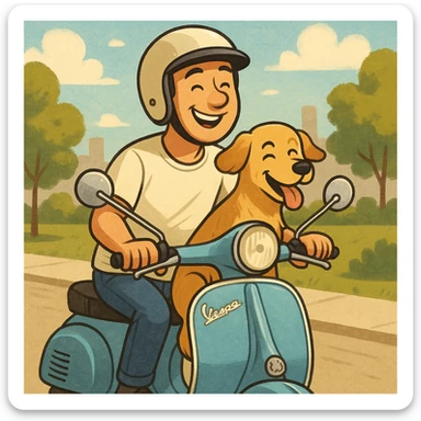 man and his pet dog riding a vespa sticker