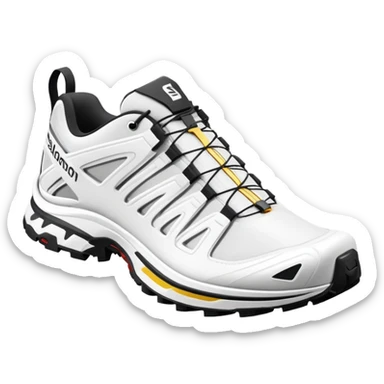 Super simplified pair of white Salomon XT-6 shoes, flat design iOS emoji style, minimal approach with only the most essential details, one positioned behind the other sticker