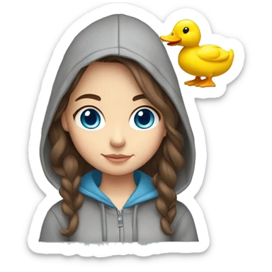 cute girl with brown hair, blue eyes grey hoodie, and a ducky hair clip sticker
