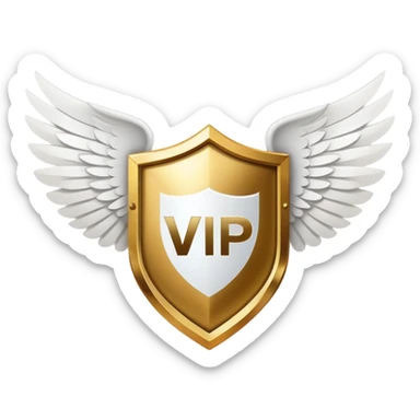 Gold shield with white wings and a large, bold VIP text in the center, simplified clean design with emphasis on the VIP label sticker