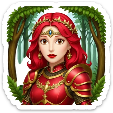 realistic cinematic actress Cher in baroque styling with crimson armor in a forest sticker