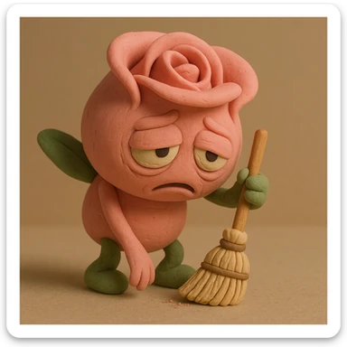 Make it a soft pink rose flower character with droopy eyes, exhausted face, and slumped posture while sweeping with a tiny broom, using the same characteristics, color, and claymation style as this image. sticker