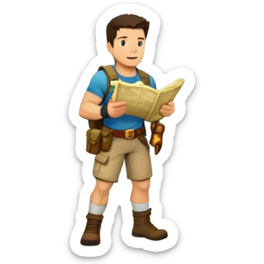Icon for Adventure Movie: Mark Wahlberg in a jungle setting, holding a treasure map and surrounded by adventure gear. Behind him, ancient ruins rise through the dense foliage. Exciting, action-packed atmosphere with vivid jungle details. Transparent background. sticker