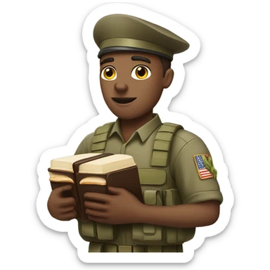 White male Soldier holding a bible and sandwich in each hand  sticker