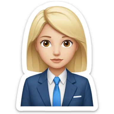 une femme blonde jolie avec des jolies traits avec une chemise blanche et une veste a manche longues et cravate bleu elle a les yeux marron sticker