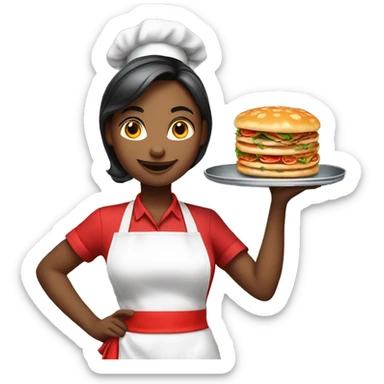 beautiful waitress in a red apron with a tray with food in a hand sticker