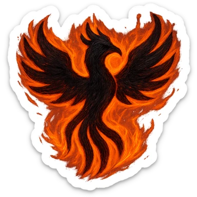 Transform this hand-drawn outline phoenix into a dark phoenix: make the bird's body black, with shining, vivid flames in orange, red, and yellow. Keep the background transparent. sticker