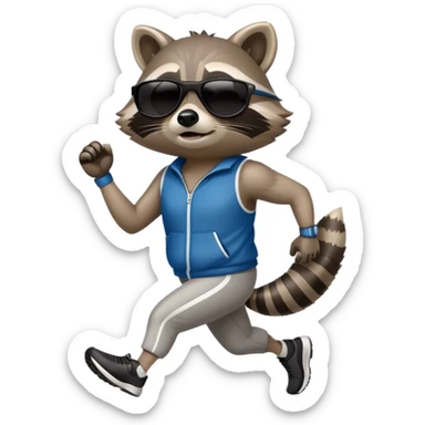friendly anthropomorphised raccoon in sports wear, wearing dark sunglasses, jogging upright, mafia style sticker