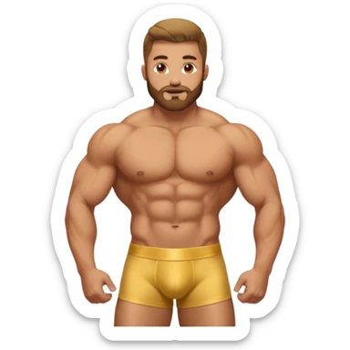 Gold statue of bodybuilder man, stubble beard, low fade haircut, shirtless wear golden brief box underpants sticker