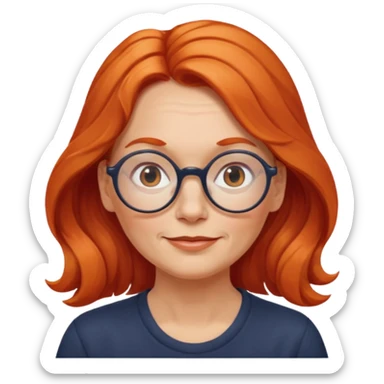 middle-aged woman from Norway, long wavy orange-red hair tied loosely to the left, large round glasses, gentle expression sticker