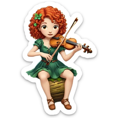 forest sticker character, curly red-haired woman playing violin on mossy log, mushrooms and fireflies around sticker