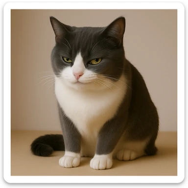 Make the cat look sussy with a mischievous, flirty expression and a raised eyebrow. Keep the fur only gray on top with no stripes, white nose and underbelly. Render in a realistic style with lifelike details. sticker