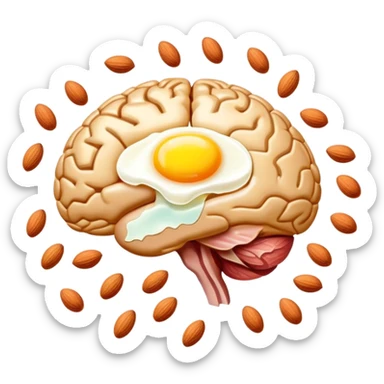 Glowing brain near a shimmering liver, with choline-rich foods floating around them: eggs with bright yellow yolks, clusters of almonds, cuts of lean meat, and dairy products. Golden connections flow between the foods and organs, showing the pathway of this essential nutrient. sticker