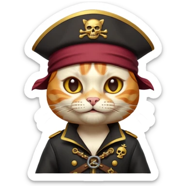 Premium 3D emoji icon of a cute ginger cat pirate, wearing a **burgundy red** pirate hat with a gold skull icon, and a black and gold captain's jacket. Glossy finish, claymorphism style, soft studio lighting, isolated on white background, 8k resolution, stylized professional look --v 6.0 sticker