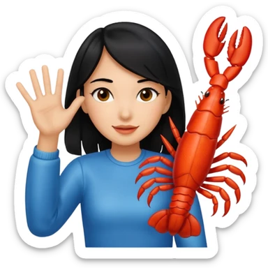 a lobster high five a girl with black hair sticker
