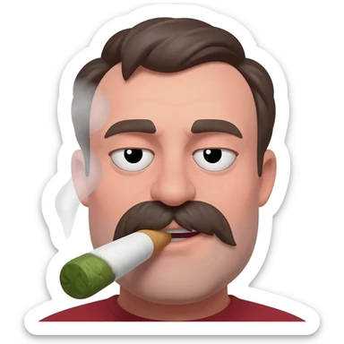 Chubby goofy looking middle aged  white guy with dark brown, but graying hair and bloodshot eyes, Smoking A SUPER HUGE white and green smoking doobie with hot ash and smoke rising off of it sticker