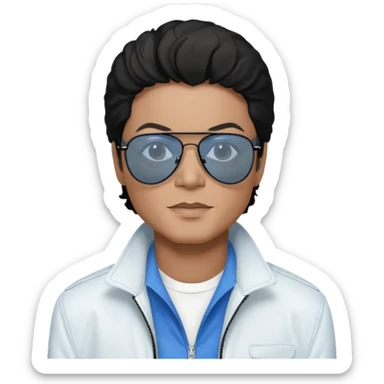 Michael Jackson is white, wearing completely black smokey Ray-Ban glasses, a white jacket, and a blue shirt. sticker