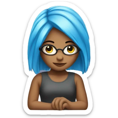 girl with blue dye hair coding on laptop sticker