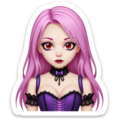 pretty scary girl, long straight LIGHT pink HAIR,SCARY RED eyes, black eyeliner, pale skin, purple corset clothes with laces sticker
