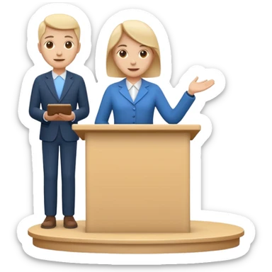 A minimal flat emoji-style icon of a person giving a presentation, standing behind a simple podium, front-facing, clean vector style, rounded shapes, no facial details, solid single color, white background, modern startup pitch deck icon sticker