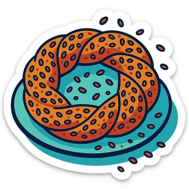 a simit, with sesame seeds falling off, on a simple plate sticker