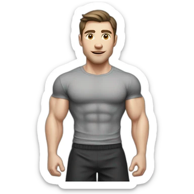 Confused Pale skinned Fit Man With the biceps and dark brown hair in black shirt, gray sports shorts and white Sneakers sticker