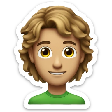 a light-skinned green-eyed man with styled brown hair (brushed back) sitting in front of the long white paper scroll sticker