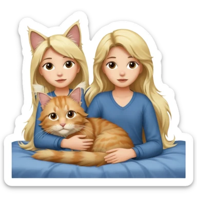 A blonde girl lying down on her bed with a Maine coon cat sitting on her chest looking at her sticker
