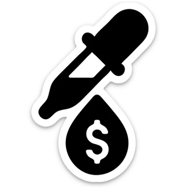 solid icon of a pipette at the top of a golden drop with a dollar sign inside the drop sticker
