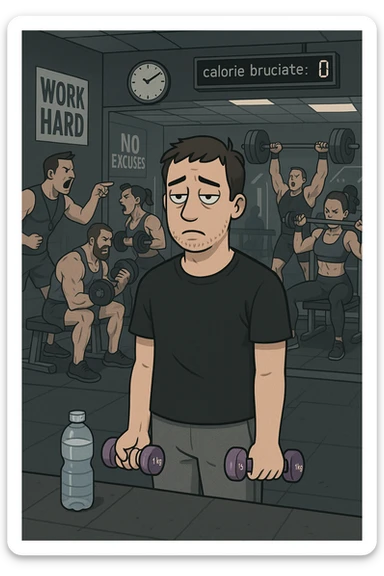 Modern gym scene with a man in sporty clothing lifting very light dumbbells (1 kg) with a bored expression. Muscular athletes training intensely in the background, a trainer encouraging them. Wall clock, full water bottle near the man, motivational posters ignored. Mirrors reflecting the contrast between him and others. Digital display showing 'calorie bruciate: 0'. Static atmosphere, artificial lighting, vertical format. sticker